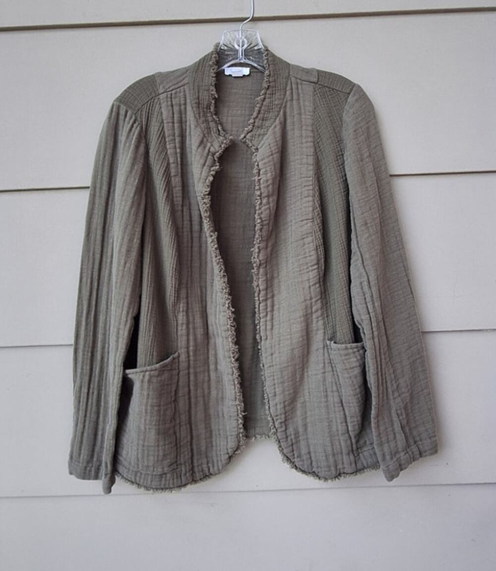 J.Jill 100% Cotton Gauze Olive Green Open Lightweight Cardigan Jacket Casual M